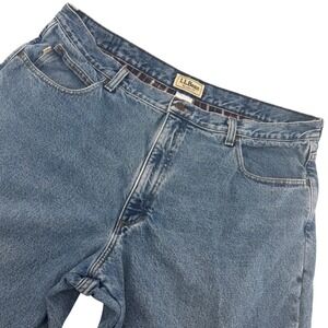 LL Bean VTG Flannel Lined Jeans Mens 42x29 Blue Relaxed Fit Denim Plaid 0JW80